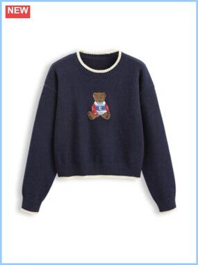 Women's Cute Bear Graphic Cropped Sweater Long Sleeve Crewneck Pullover